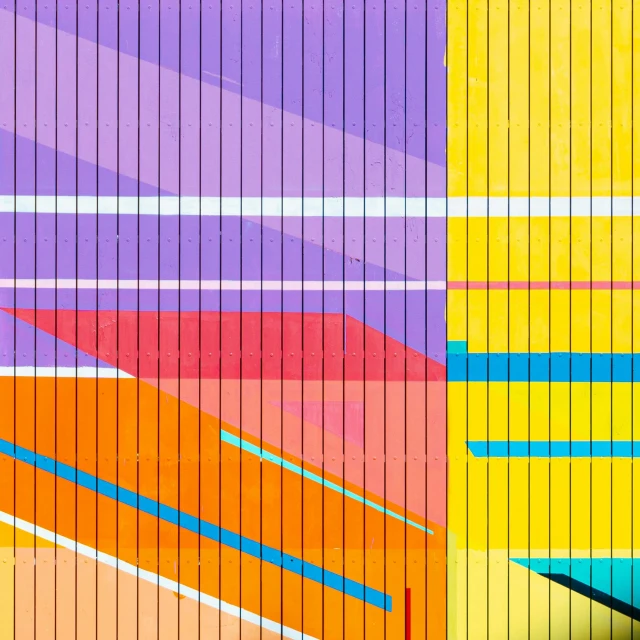 a man sitting on a bench in front of a colorful wall, pexels contest winner, geometric abstract art, yellow and purple color scheme, grid montage of shapes, happy colors dariusz zawadzki, art deco stripe pattern