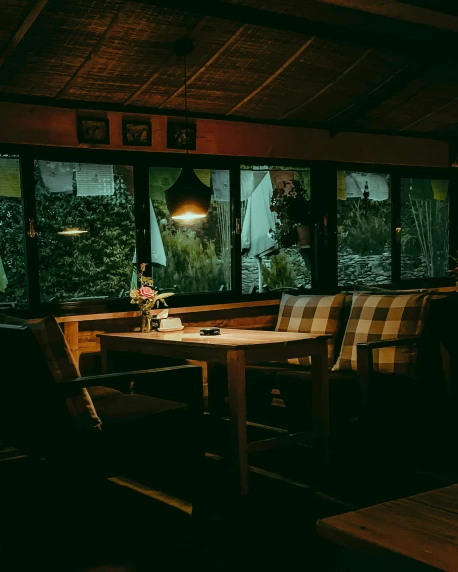 a table and some chairs in a room, a portrait, inspired by Elsa Bleda, unsplash contest winner, dimly-lit cozy tavern, nature outside, restaurant menu photo, view