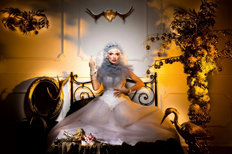 a woman in a white dress sitting on a bed, inspired by David LaChapelle, rococo, promotional image, white witch, gilded outfit, youtube thumbnail