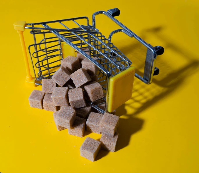 a shopping cart filled with cubes of sugar, by Julia Pishtar, yellow, toast, taken with sony alpha 9, brown