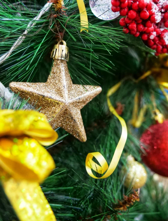 a close up of a christmas tree with ornaments, pexels, happening, scarlet and yellow scheme, star, 👰 🏇 ❌ 🍃, profile image