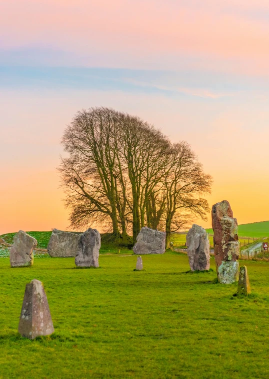 a group of stones sitting on top of a lush green field, at dawn, in dunwall, archeological discover, festive