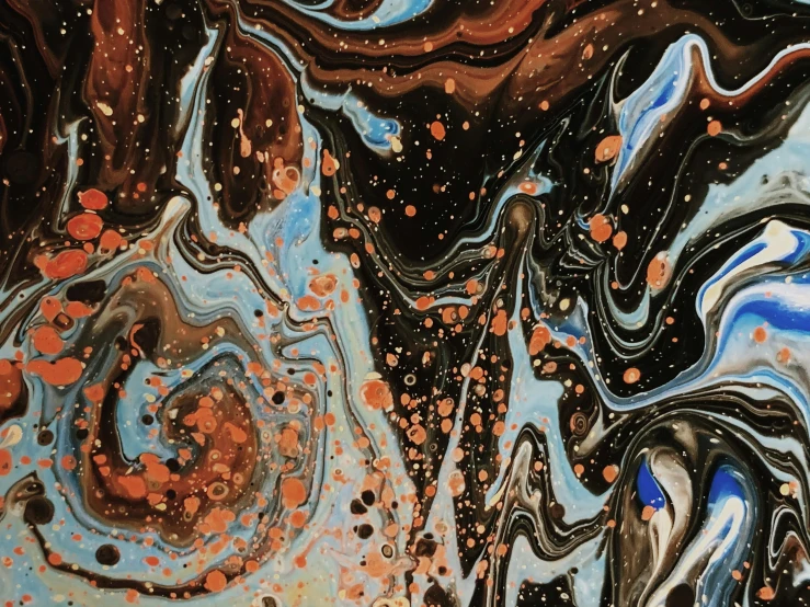 a close up of a painting on a piece of paper, a detailed painting, inspired by Jackson Pollock, reddit, orange fire/blue ice duality!, dark chocolate painting, metallic nebula, 🎨🖌️