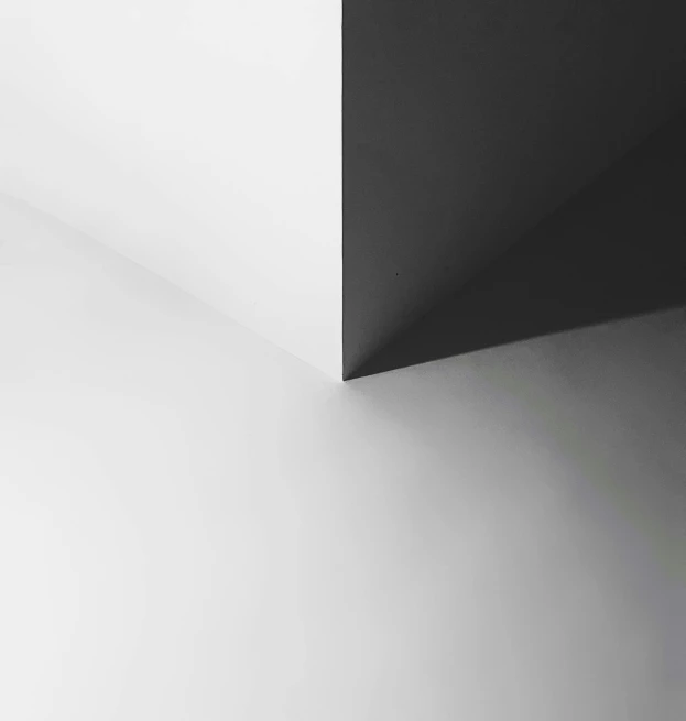 a black and white photo of a corner of a room, unsplash, minimalism, gradient shading, ignant, white paper background, volumetric shading