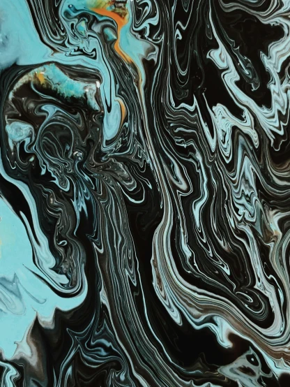 a painting of black and white swirls on a blue background, an abstract painting, trending on pexels, abstract art, brown and cyan color scheme, made of liquid metal and marble, profile pic, black marble