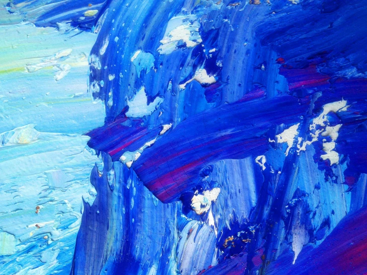 a close up of a painting of blue and red paint, inspired by Yves Klein, unsplash, lyrical abstraction, the blue whale crystal texture, blue crashing waves, some purple and blue, oil on canevas