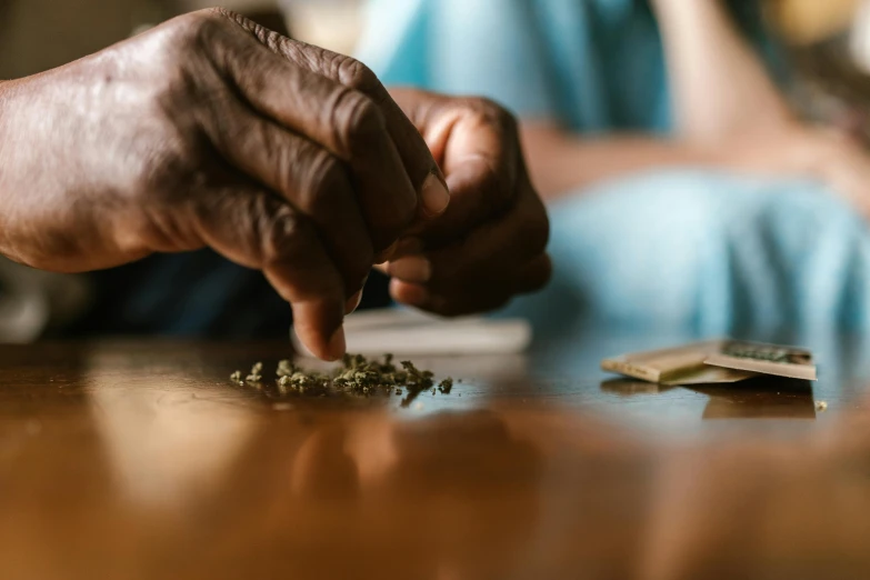 a person sitting at a table with a cigarette in their hand, trending on unsplash, process art, pot leaf, dried herbs, jamaica, laying down