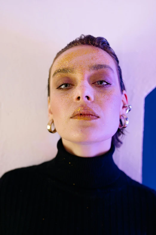 a woman wearing a black turtle neck sweater, an album cover, inspired by Louisa Matthíasdóttir, trending on unsplash, antipodeans, huge earrings and queer make up, portrait sophie mudd, dewy skin, color photograph portrait 4k