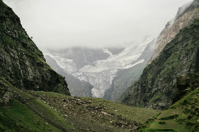 a herd of sheep standing on top of a lush green hillside, an album cover, by Muggur, pexels contest winner, hurufiyya, icy glaciers, hindu, mist in valley, gray