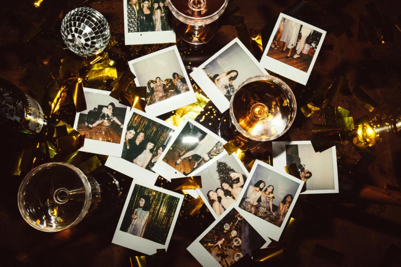 a bunch of photos sitting on top of a table, a polaroid photo, by Julia Pishtar, trending on pexels, holography, many partygoers, new years eve, alcohol, in style of terry richardson