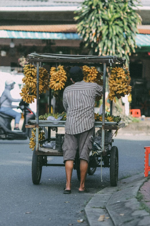 a man pushing a cart full of bananas down a street, pexels contest winner, bali, square, facing away, fall season