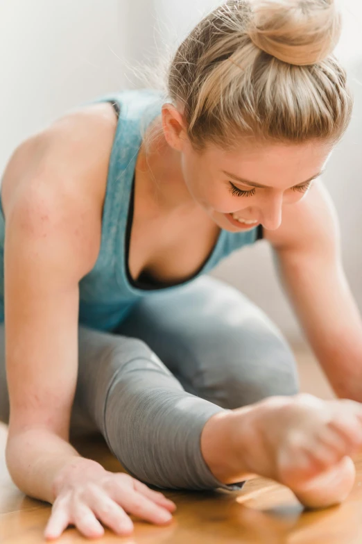 a woman is doing yoga on the floor, by Julian Allen, promo image, sydney sweeney, square, low detail