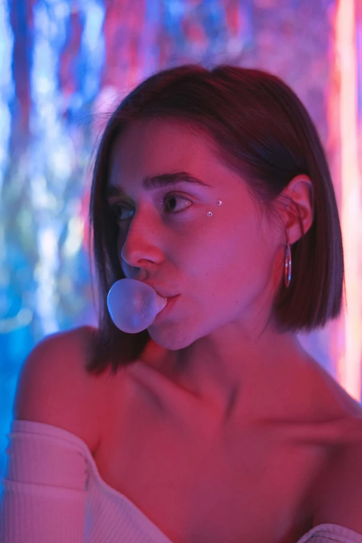 a woman in a white dress is chewing on a chewing chewing chewing chewing chewing chewing chewing chewing chewing chewing chewing chewing chewing chewing chewing chewing chewing chewing, a picture, inspired by Elsa Bleda, trending on pexels, with neon lights, blowing bubblegum, profile pic, still from a music video