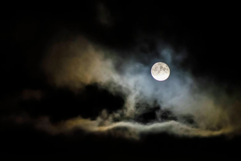 a full moon is seen through the clouds, by Alison Geissler, pexels, ☁🌪🌙👩🏾, scary night, smoky, fine art print