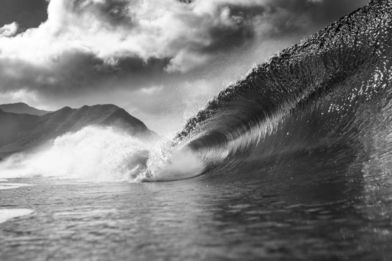 a man riding a wave on top of a surfboard, a black and white photo, by Matt Stewart, unsplash contest winner, fine art, very detailed curve, ocean wave, peering over from his heavy, landscape photo