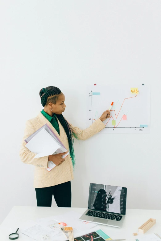 a woman standing in front of a white board, trending on unsplash, analytical art, green charts, portrait willow smith, carson ellis, set against a white background