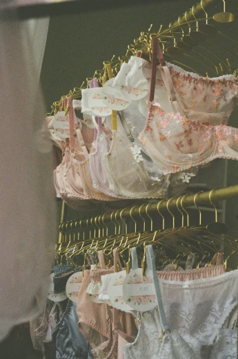 a bunch of underwear hanging on a rack, by Elsa Bleda, rococo, pink and gold, grainy vintage, y 2 k aesthetic, girls