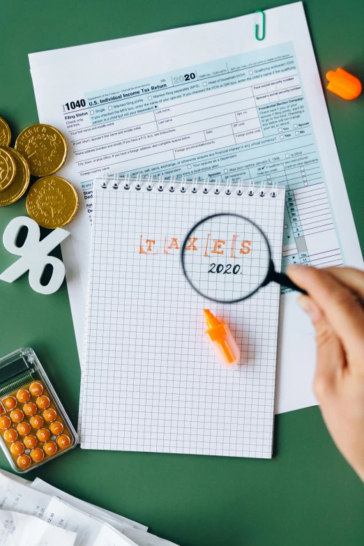 a person holding a magnifying glass over a calculator, a digital rendering, trending on pexels, papers on table, 🚀🌈🤩, coins, thumbnail