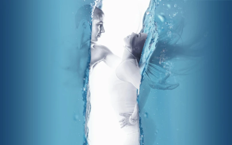 a woman in a white dress holding a tennis racquet, an album cover, by Anna Füssli, shutterstock contest winner, conceptual art, under water swimming, loving embrace, ice cave, two people