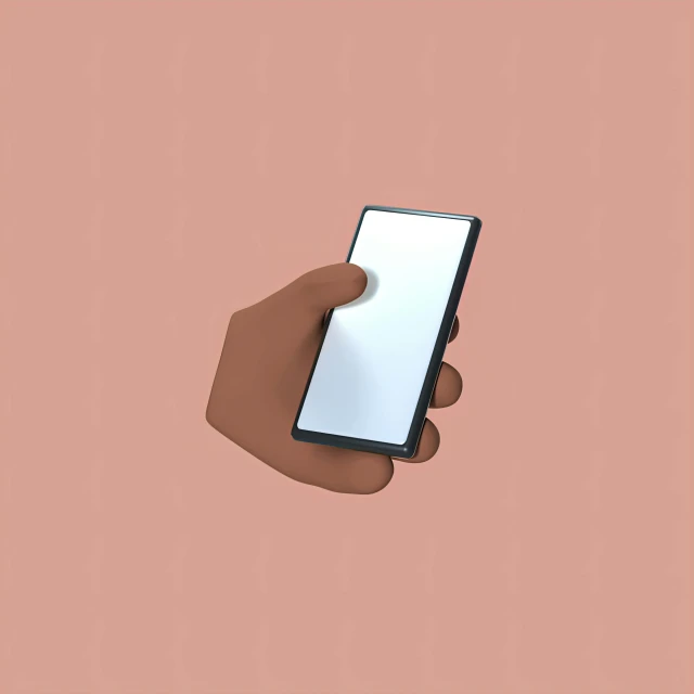 a hand holding a smart phone with a blank screen, a digital painting, by Carey Morris, computer art, brown skin, minimal pink palette, black mirror, 3 d icon for mobile game