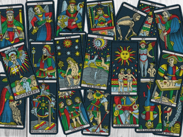 a bunch of tarot cards sitting on top of a table, a digital rendering, by Tom Wänerstrand, sots art, vintage european folk art, high quality product image”, fan favorite, boticelli