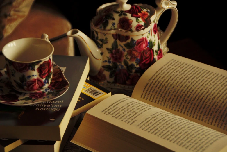 an open book sitting on top of a table next to a cup and saucer, teapot, in the evening, filled with books, header