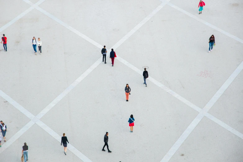 a group of people walking across a street, inspired by Andreas Gursky, pexels contest winner, figuration libre, square lines, white floor, outdoor art installation, 16k resolution:0.6|people