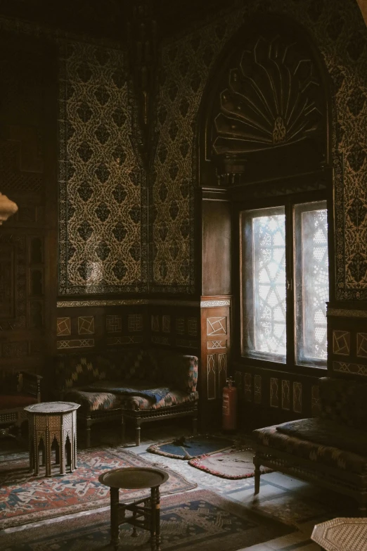 a living room filled with furniture and a large window, unsplash contest winner, arts and crafts movement, ornate turkic palace background, cairo, dark and muted colors, ornate patterned people
