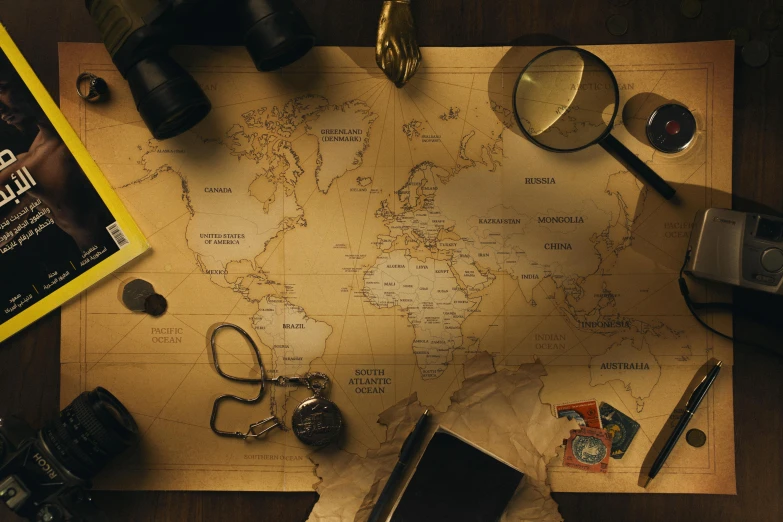 a map sitting on top of a wooden table, knickknacks, investigation, wes anderson style, flat lay