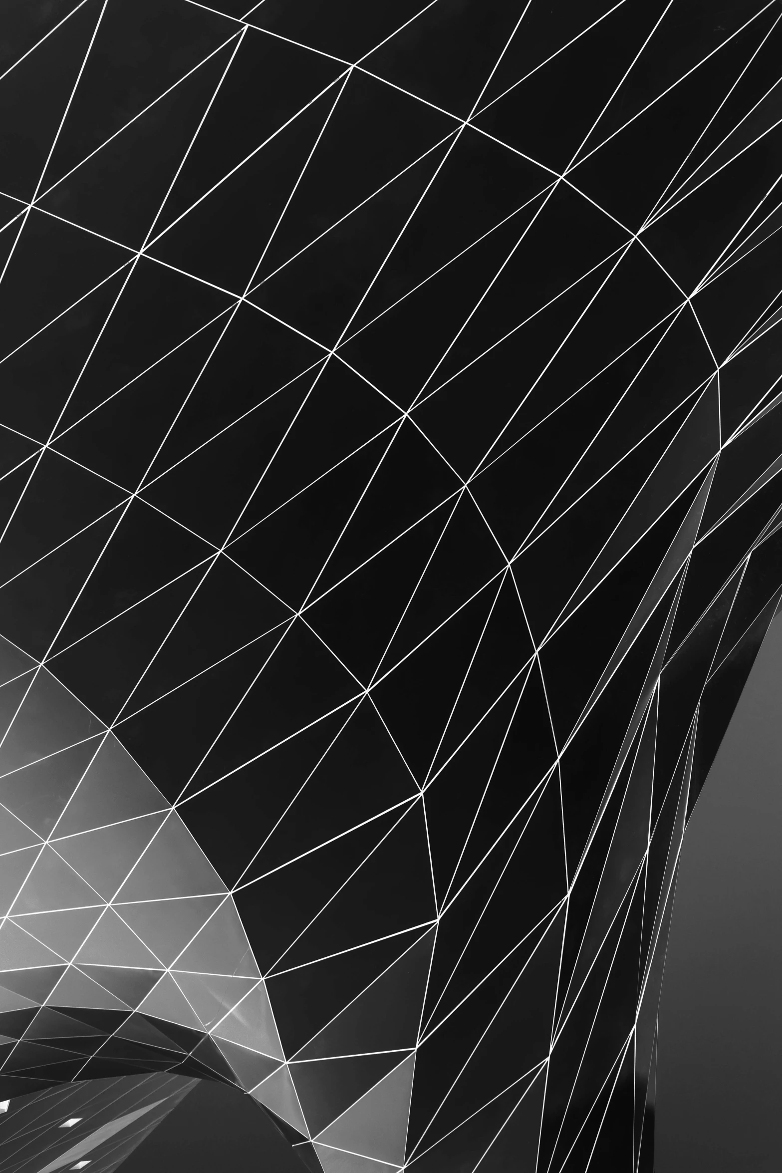 a black and white photo of a building, a raytraced image, inspired by Gao Cen, cyber security polygon, black wired cables, gradient and patterns wallpaper, dynamic folds