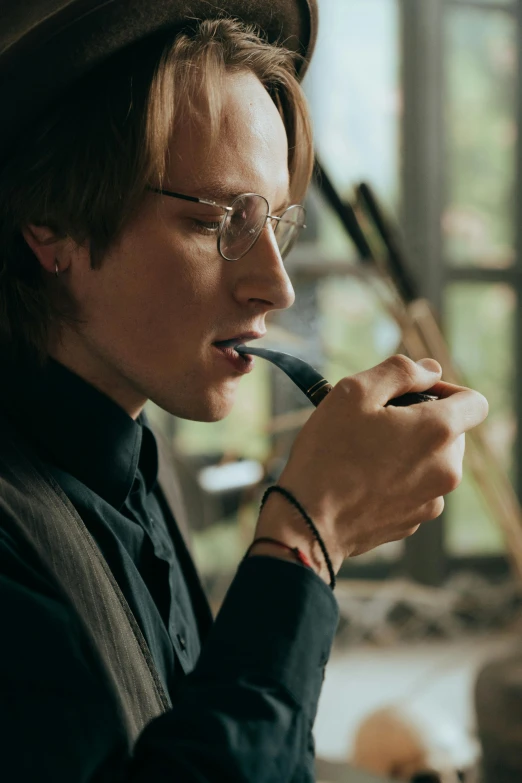 a woman with glasses and a hat smoking a pipe, trending on pexels, renaissance, skinny male fantasy scientist, cai xukun, high quality screenshot, drinking