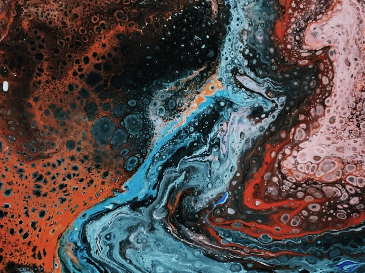 a close up of a painting of a body of water, by Mandy Jurgens, reddit, red lava rivers, paint swirls and phyllotaxis, galaxy, turquoise rust
