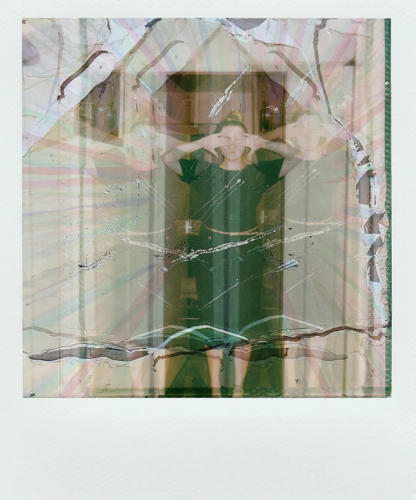 a woman standing in front of a broken window, a polaroid photo, inspired by Anna Füssli, panfuturism, thin green glassy crystal shards, scanned in, refracted lines and sparkles, 2 0 1 0 s