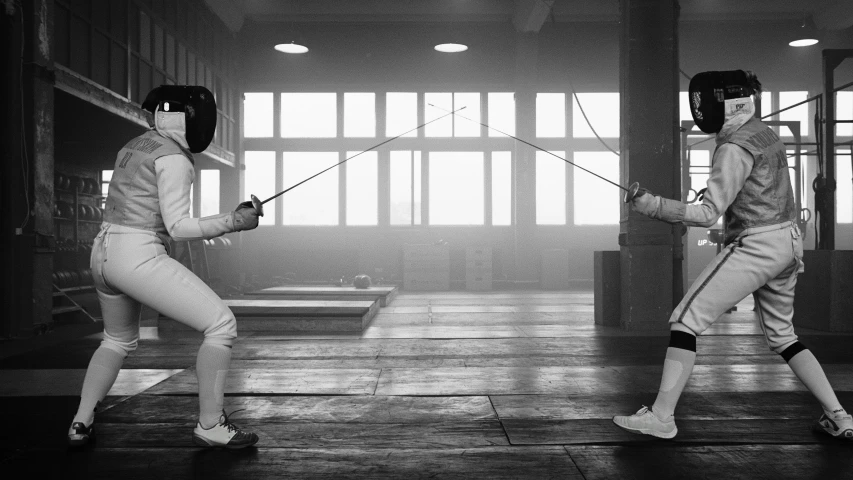a couple of people standing on top of a wooden floor, fencing, sparring, monochrome, 15081959 21121991 01012000 4k