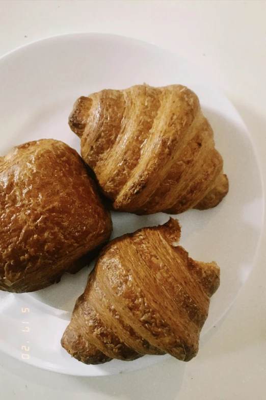 three croissants on a white plate on a table, snapchat photo, wrinkly, various sizes, 3/4 front view