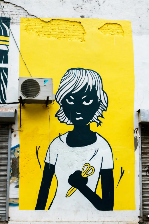 a painting of a woman holding a banana on the side of a building, trending on pexels, street art, black and yellow scheme, kuala lumpur, panoramic centered view of girl, comic character