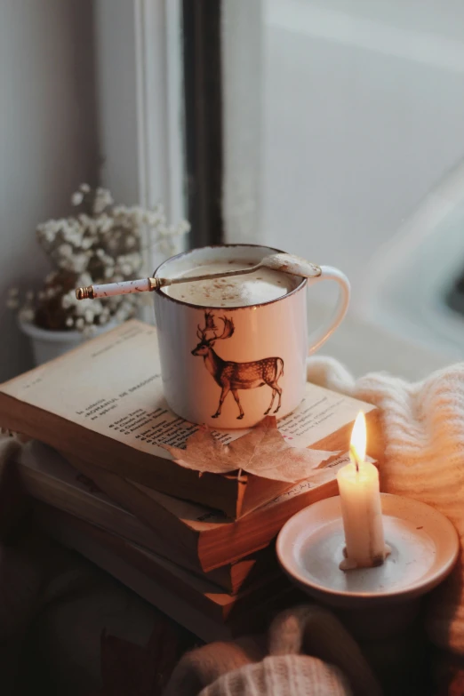 a cup of coffee sitting on top of a stack of books next to a candle, a still life, trending on pexels, romanticism, ivory and copper, wintertime, vanilla, softly lit