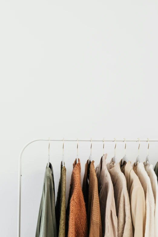 clothes hanging on a rack in front of a white wall, by Carey Morris, trending on unsplash, wear's beige shirt, green and brown color palette, programming, off - white collection