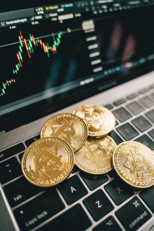 a pile of gold coins sitting on top of a laptop, a digital rendering, by Adam Rex, trending on unsplash, waveforms on top of square chart, 000 — википедия, typical cryptocurrency nerd, set photo