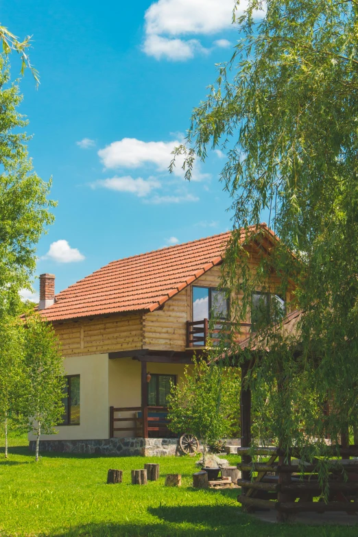 a house sitting on top of a lush green field, danube school, luxurious wooden cottage, units, sunny environment, sk