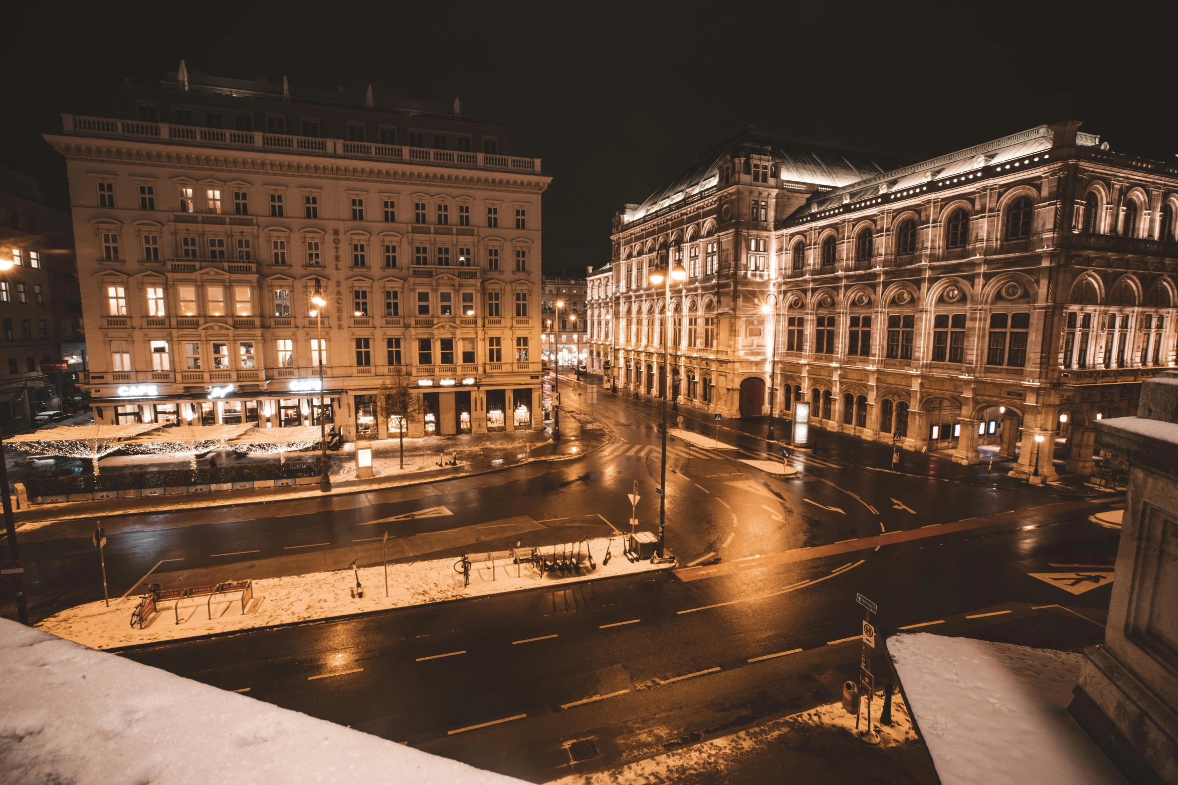 a city street filled with lots of traffic at night, a photo, pexels contest winner, viennese actionism, neo classical architecture, square, thumbnail, brown