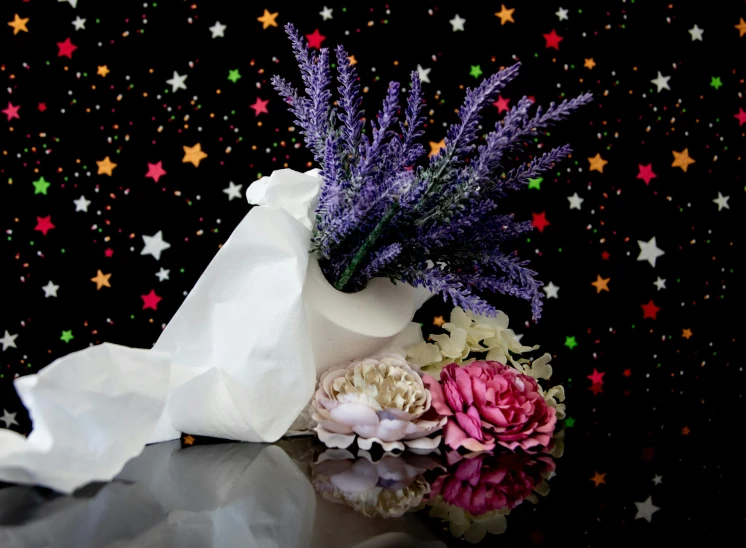 a vase filled with flowers sitting on top of a table, galaxies and stars, purple drapery, wrapped in flowers and wired, high quality product image”