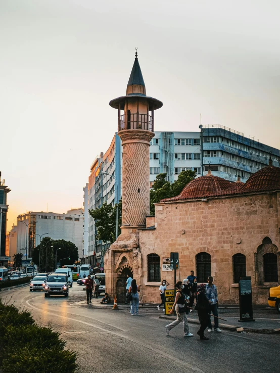 a clock tower sitting on the side of a road, by Niko Henrichon, hurufiyya, bustling city, slide show, elias chatzoudis, 🚿🗝📝