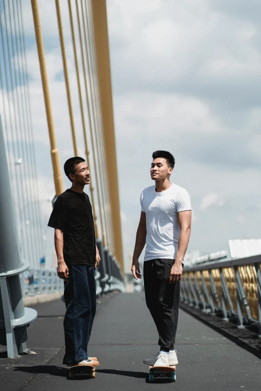 two men standing next to each other on a bridge, inspired by Wang Duo, happening, darren quach, wearing pants and a t-shirt, bao pham, profile pic