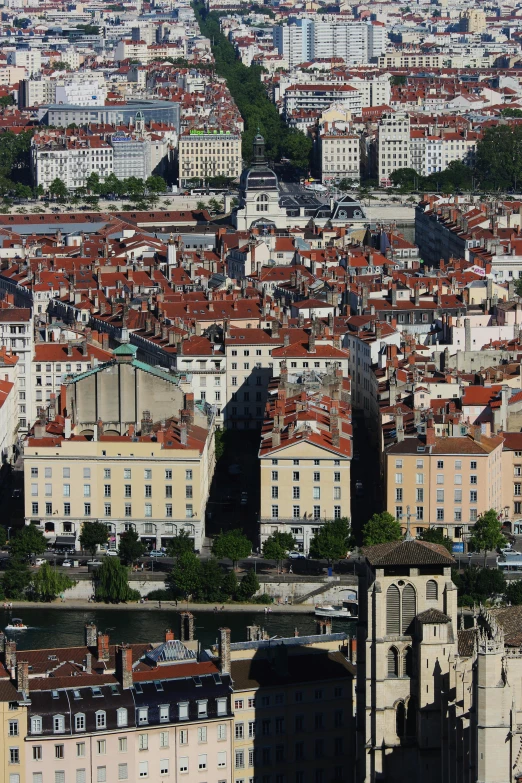 a view of a city from the top of a building, arkane lyon, zoomed in, square, building along a river