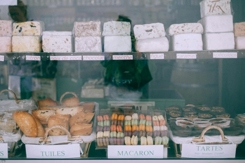 a display case filled with lots of different types of pastries, by Emma Andijewska, trending on unsplash, art nouveau, windowsill, background image