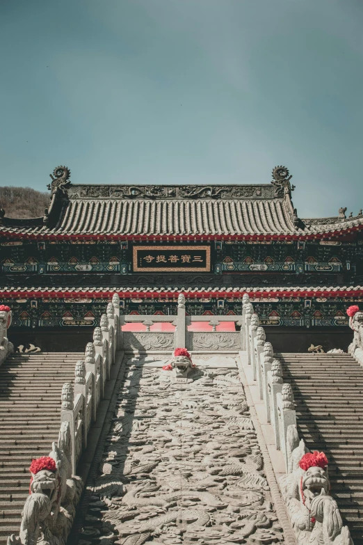 a group of statues in front of a building, inspired by Zhang Zeduan, pexels contest winner, stairs and arches, square, chinese temple, grey