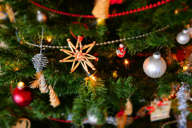 a close up of a christmas tree with ornaments, pexels, folk art, multiple stories, a wooden, cut, getty images