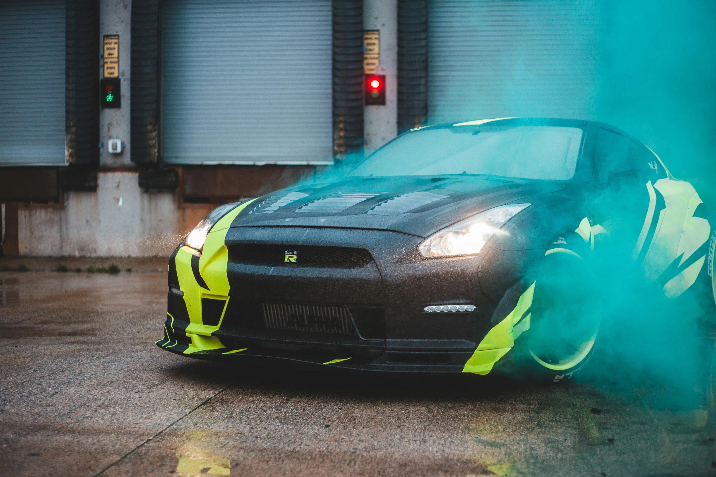 a close up of a car with smoke coming out of it, inspired by An Gyeon, pexels contest winner, black and yellow scheme, full body 8k, gtr xu1, cyan headlights