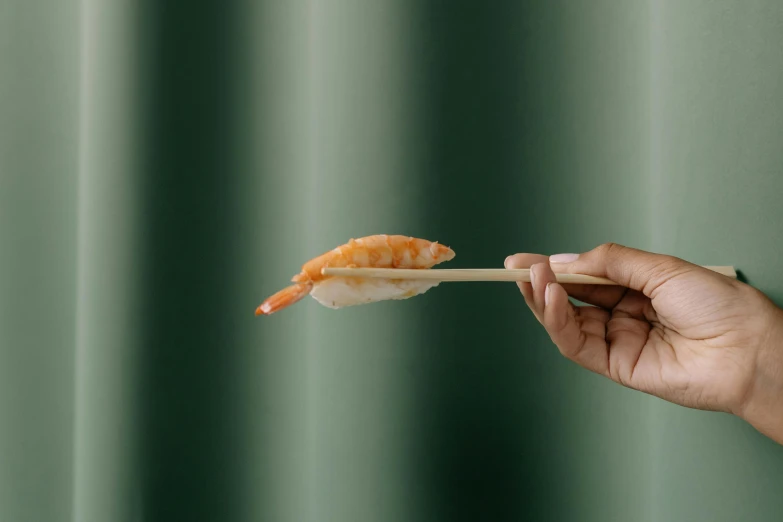 a person holding a piece of sushi on a chopstick, by Emma Andijewska, prawn, background image, cardboard, unedited